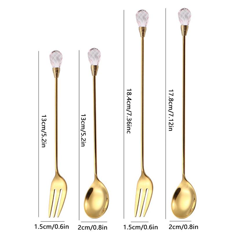 Diamond Spoon Fork Stainless Steel Long Stirring Spoon Exquisite  Teaspoon For Ice Cream Dessert Coffee Cocktail Mug