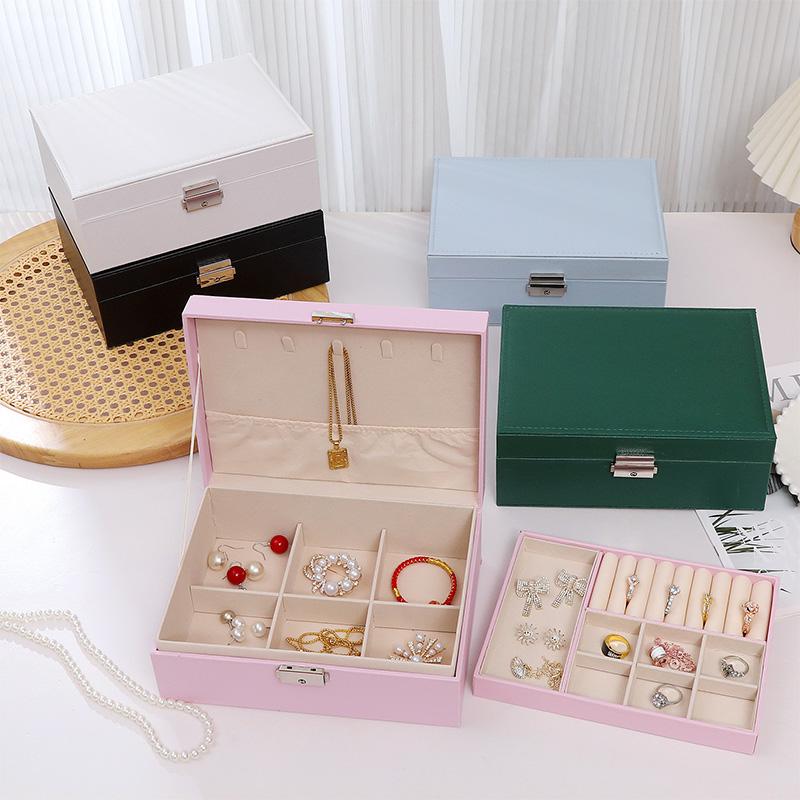 Desktop Jewelry Box Large Capacity Double-layered Jewelry Storage Box Ring Necklace Earrings Organizer Box Leather Material