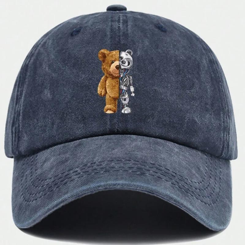 Cappellino da baseball vintage lavato con simpatico motivo di orsacchiotto, adatto sia per Unisex che per Donne, traspirante e regolabile.