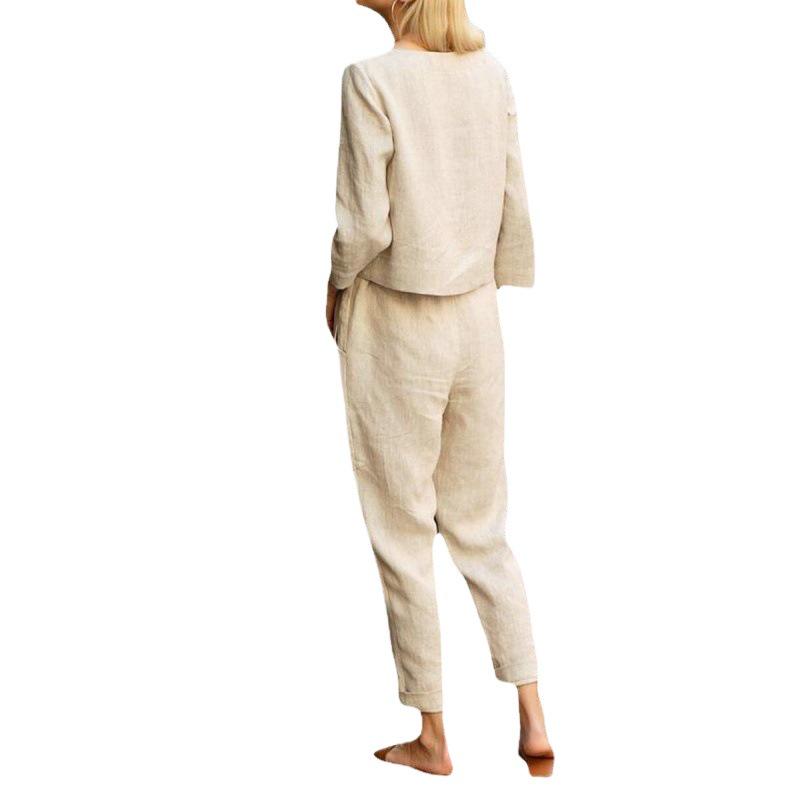 Spring & Autumn Retro Casual Sportswear Set with Elastic Waist & Tie, Solid Color Long Sleeve