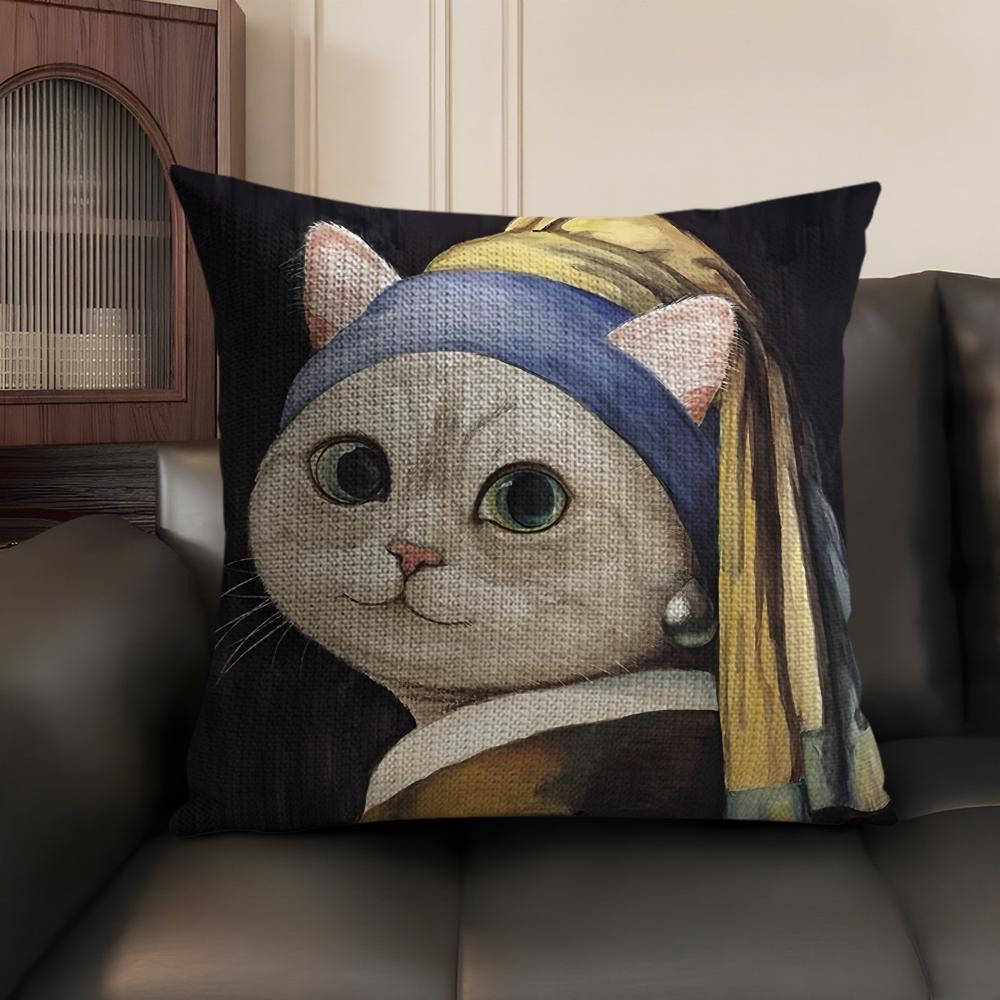 Art Cat Cute Cushion Cover Summer Breathable Linen Organic Fabric Double-Sided Printing Sofa Pillow Case Home Decor