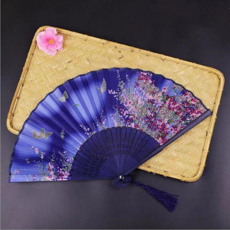 Chinese Japanese Flower Print Folding Silk Bamboo Fan Ornament Art Craft Gift Wedding Dance Performance Hand Fan