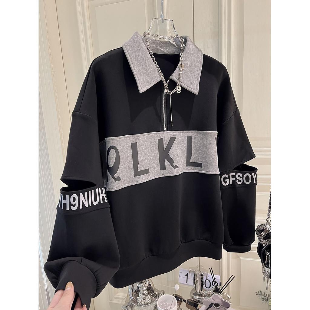 Plus Size Women Long Sleeve Hoodie Spring Autumn Loose Casual Oversized Lapel Zipper Patchwork Sweatshirt