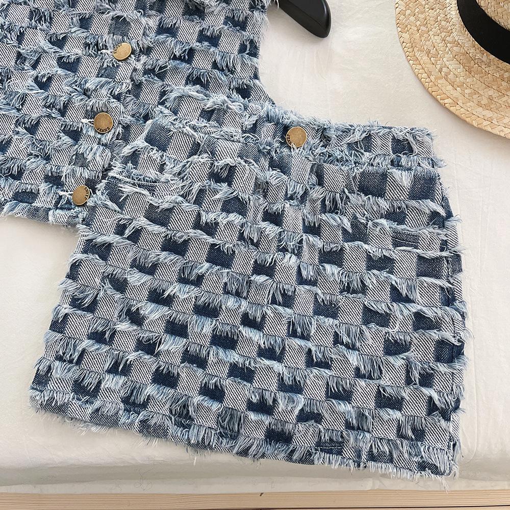 Completo Estivo in Denim per Bambina Nuovo Set Due Pezzi Gilet in Denim a Quadri + Gonna per Neonate