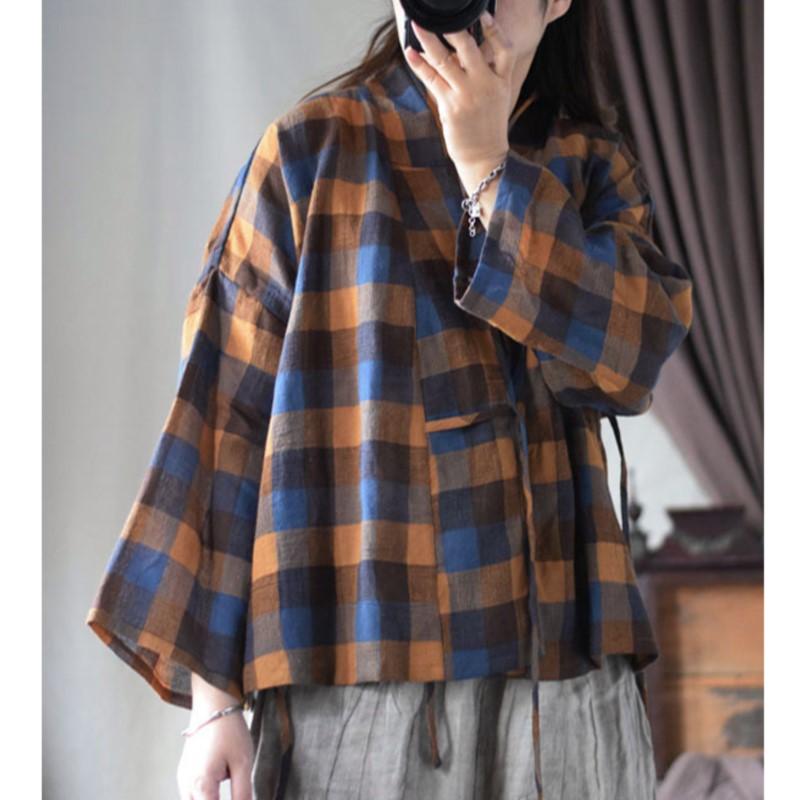 Johnature Women Vintage Plaid Chinese Style Loose Belt Spring Autumn Women Jackets