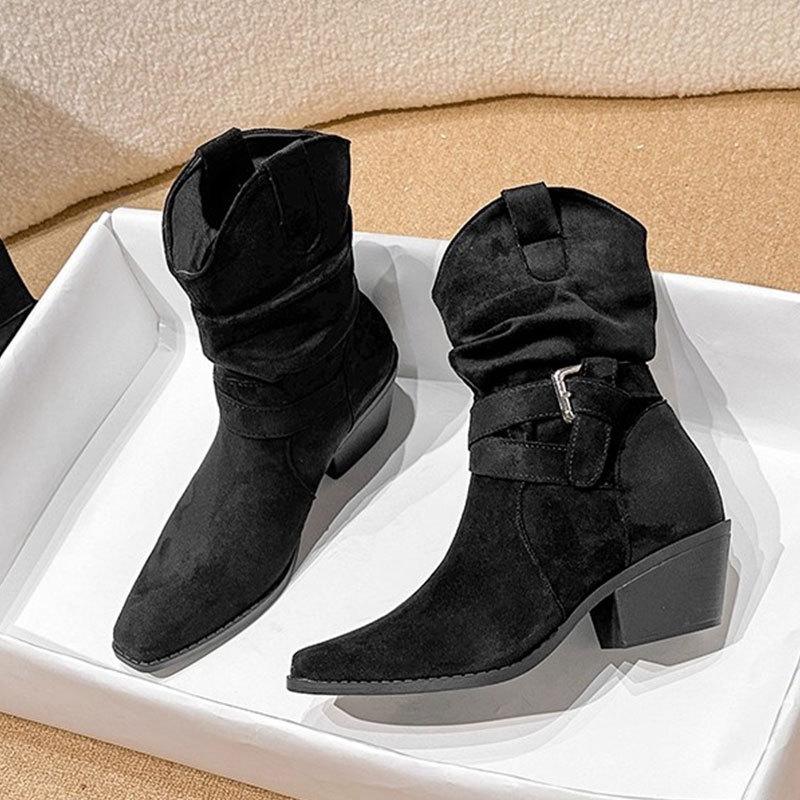Vintage velvet pointed boots children 0000 new thick heel suede pleated pile boots Maillard short boots women looking thin
