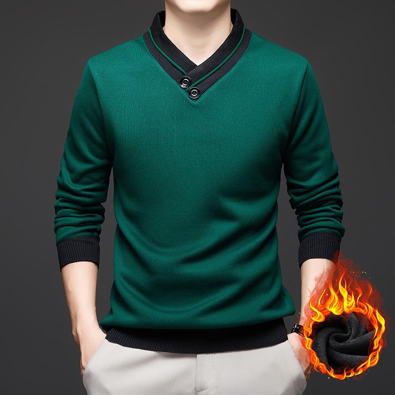 Men Fleece Lined Thickened Knit Autumn Winter New Long Sleeve Base Layer Scarf Collar Sweater Skin Friendly Versatile Top