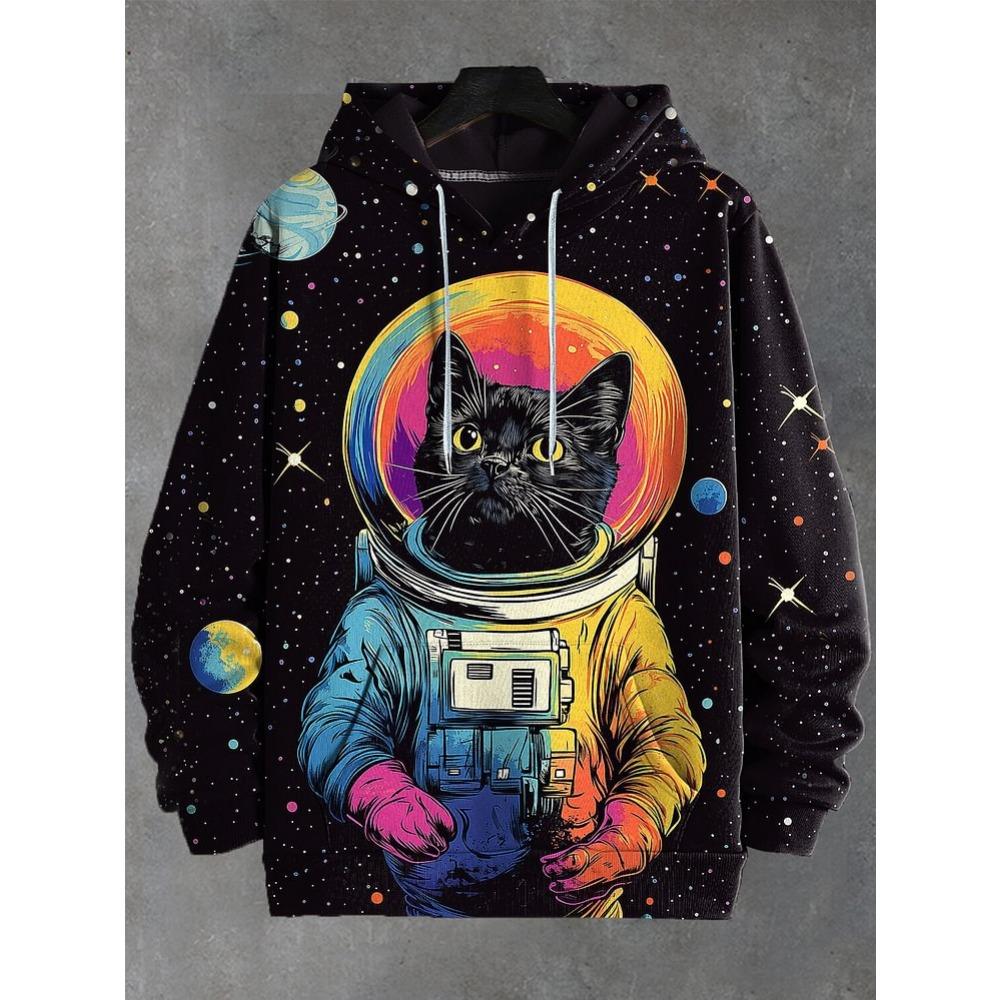 Cartoon Space Cat Pattern Hoodie Men's New Autumn/Winter Loose Pullover Sports Sweatshirt