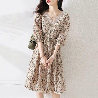 Elegante A-Linien-Kleider mit gebrochenen Blumen, Vintage-Spitze, V-Ausschnitt, gespleißt, Damenbekleidung, Sommer, hohl, Kordelzug in der Taille, Midi-Kleid