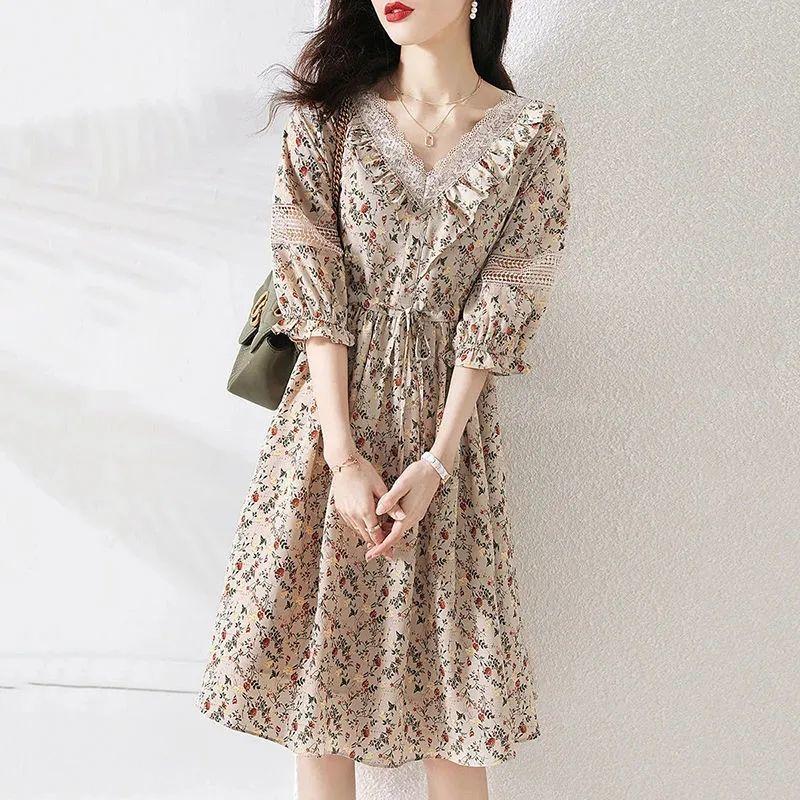 

Элегантные платья А-силуэта с принтом «сломанные цветы», винтажное кружевное платье миди с V-образным вырезом и вставками, женская одежда, летнее платье миди с вырезами и кулиской на талии XXXL бежевый