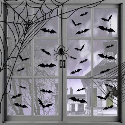 24/60pcs Black Bat and Spider Wall Decals - Reusable Halloween Decorations for Windows, Walls & Parties - Non-Toxic Event Props