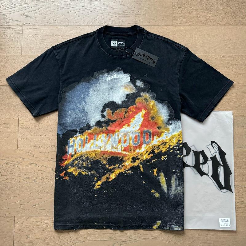 Godspeed retro printing foreign trade beauty tide high street men and women casual trend hip hop apricot old short sleeve T-shirt