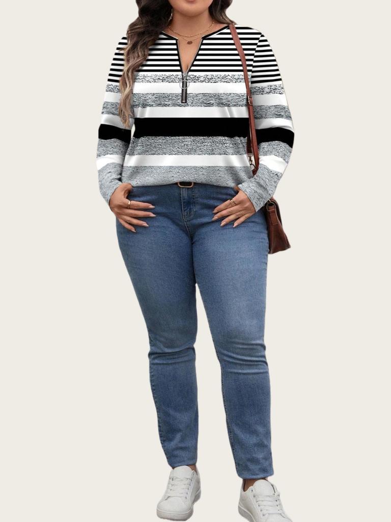 Plus Size Color Block Stripe Loose Casual Long Sleeve Top with Half-Zip Round Neck for Women.