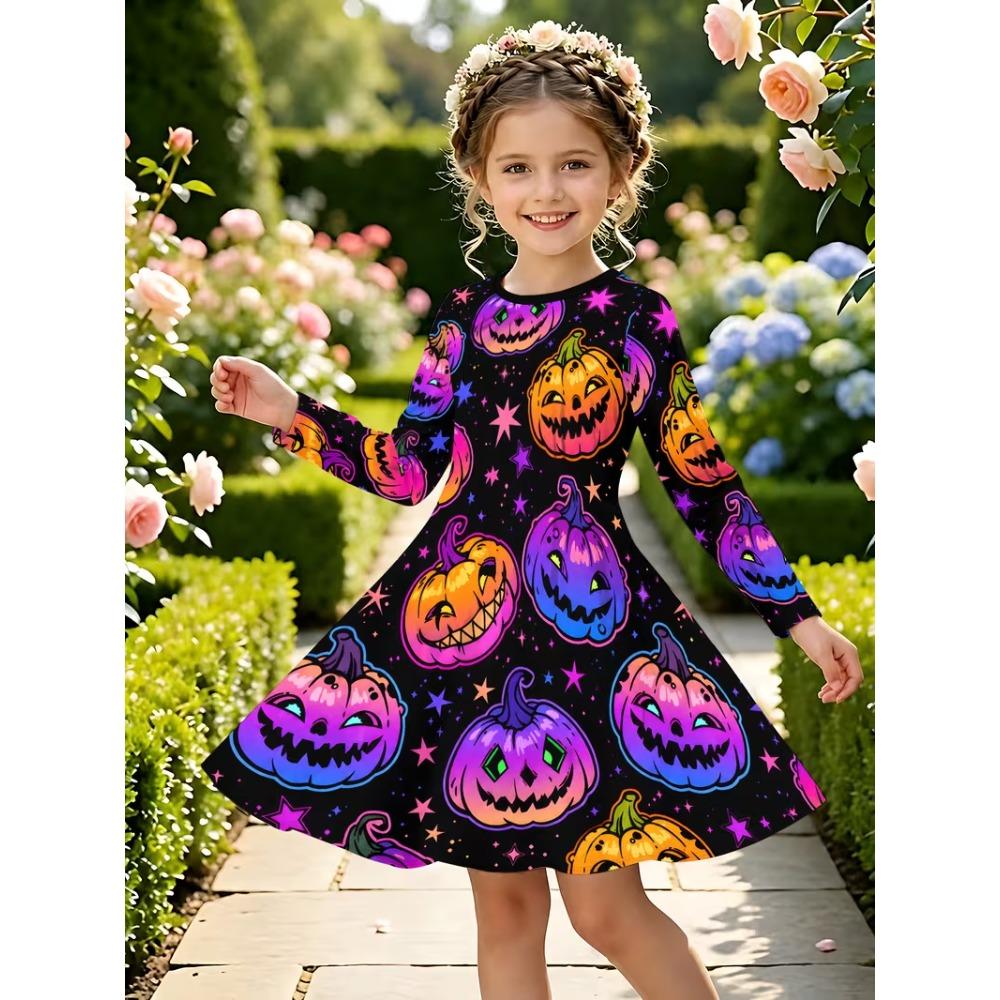 Girls' 3D Galaxy Pumpkin Dress Long Sleeve Summer Spring Vacation Daily Holiday Princess Beautiful Sweet Kids 4-12 Years Casual Dress A Line Dress