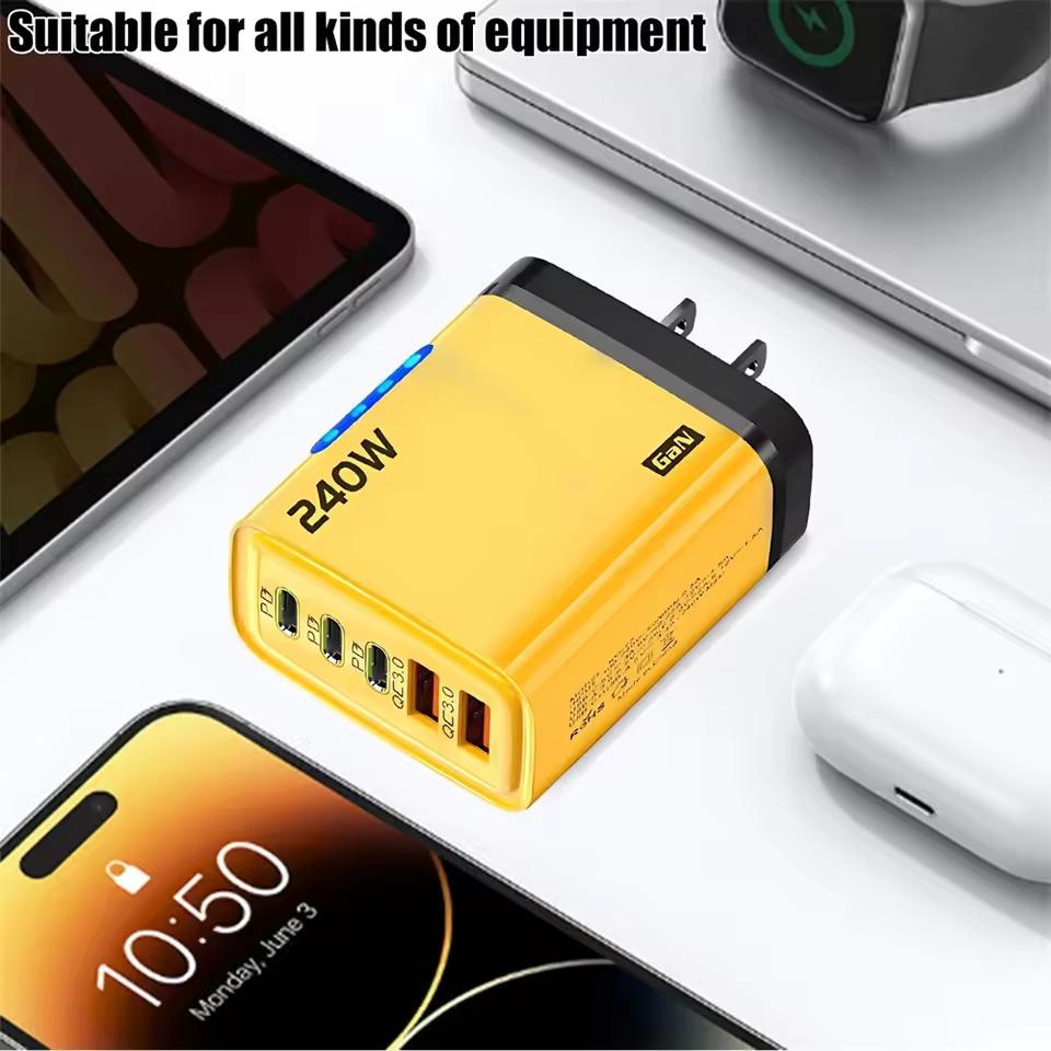 5 in 1 GaN USB C Desktop Charger 240W Fast Charge Phone Adapter Type C Cable For iPhone Samsung Xiaomi EU/US/UK Plug Charger