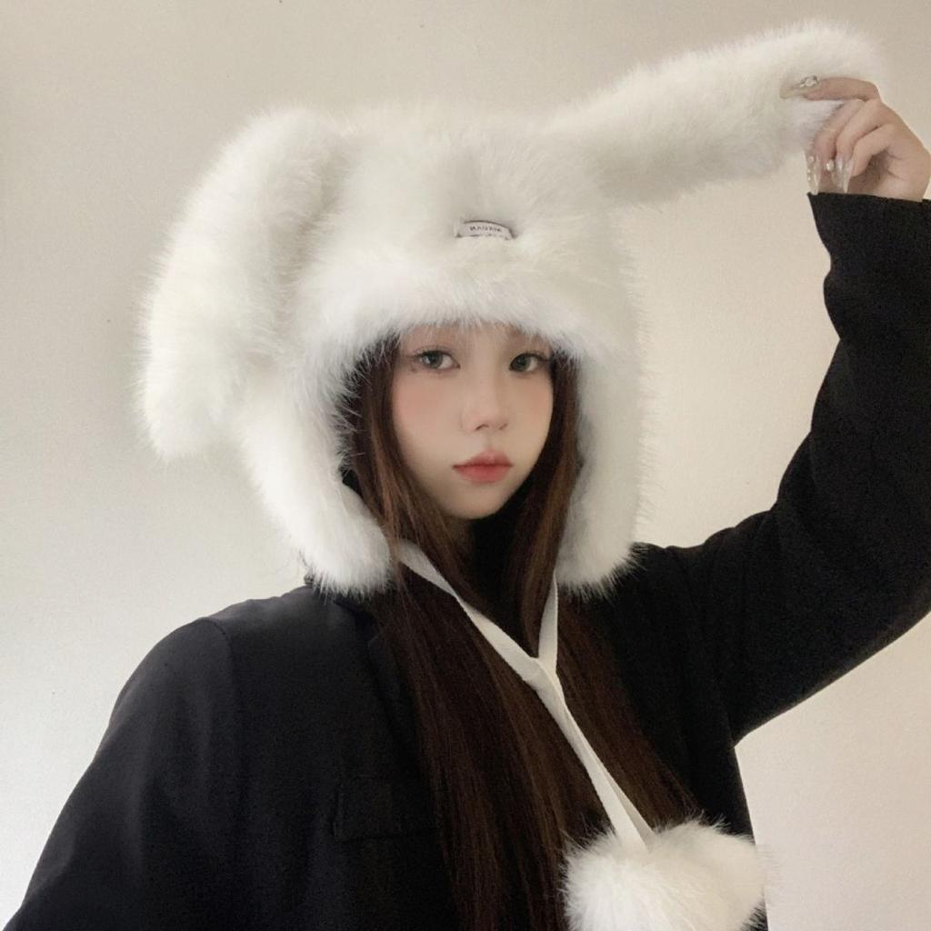 New plush cute rabbit ears Lei Feng hat women's winter versatile outdoor skiing warm ear straps