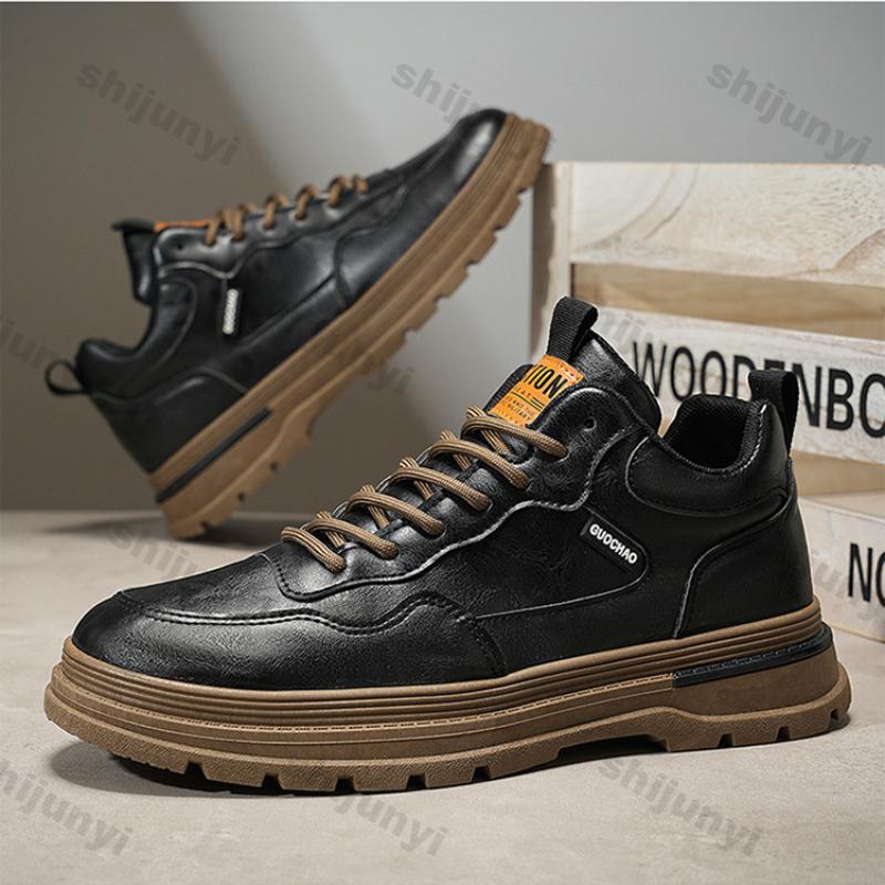 Fashion Men Casual Leather Shoes Autumn New Waterproof Work Shoes Casual Thick Soled Lace Up Anti Slip Ankle Boots Comfort Leather Botas