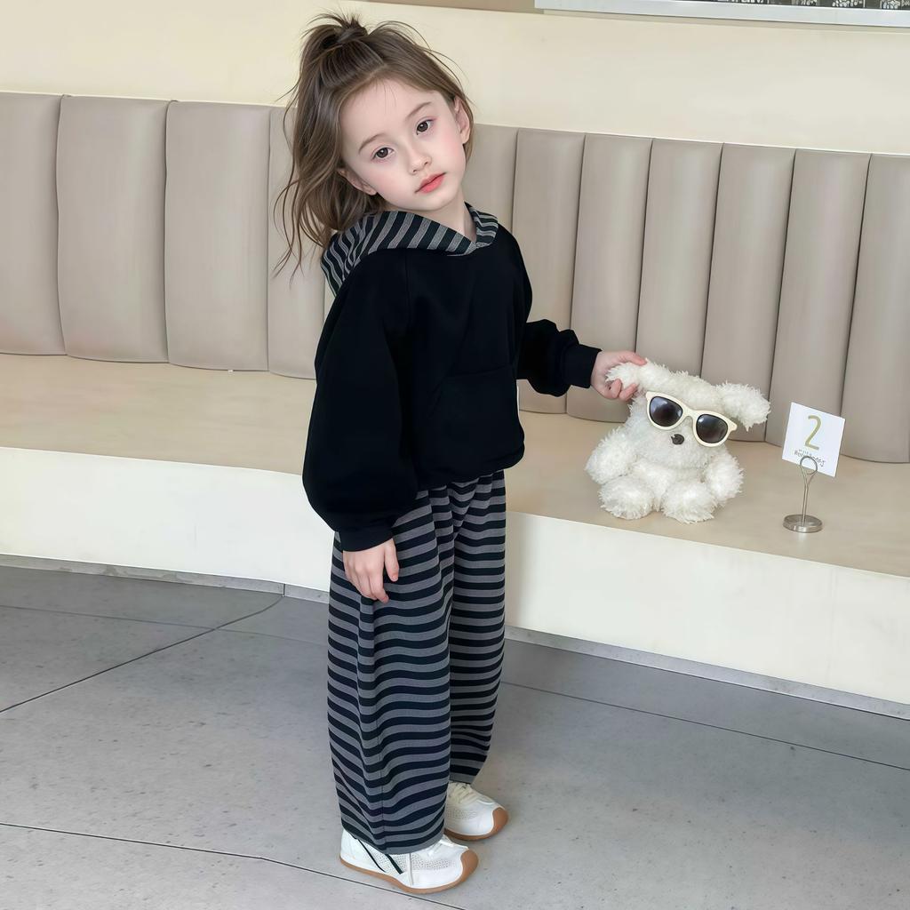 Girl Hoodie 2-Piece Set Spring Autumn Stripe Tops Pullover Pants Sportswear Child Kawaii Fashion Style Casual Clothing 3-12Y