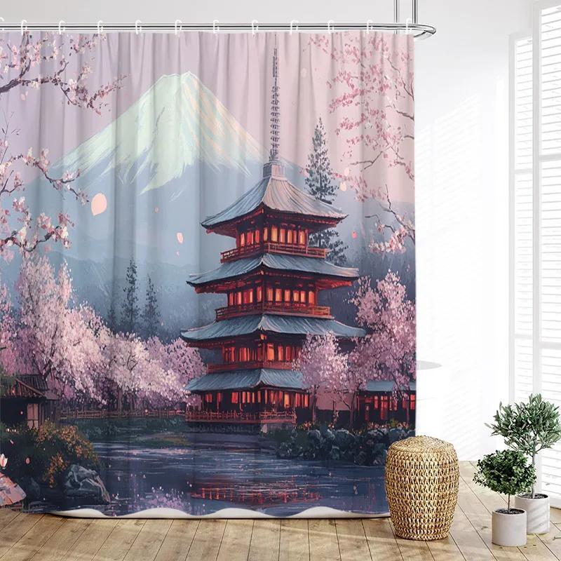Japanese Style Landscape Shower Curtain Ink Mountain Cherry Blossom Pavilion Lake Asian Art Bath Curtains Home Bathroom Decor