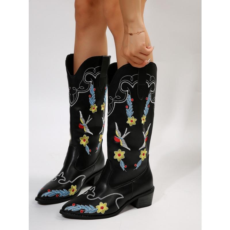 Women's Tall Riding Boots Autumn and Winter New Mid-Heel Martin Boots Women's Pointed Embroidered Boots