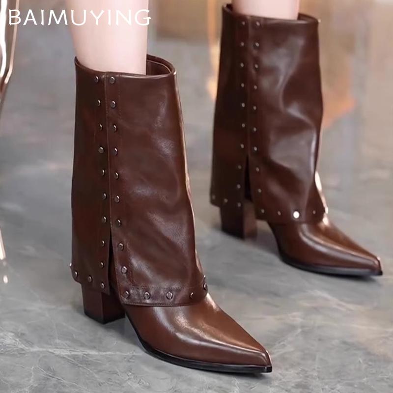 Chunky Women Mid Calf Boots Pointed Toe Sexy Mid Heels Leather Shoes 2025 Trend Winter New Goth Pumps Chelsea Botas De Mujer