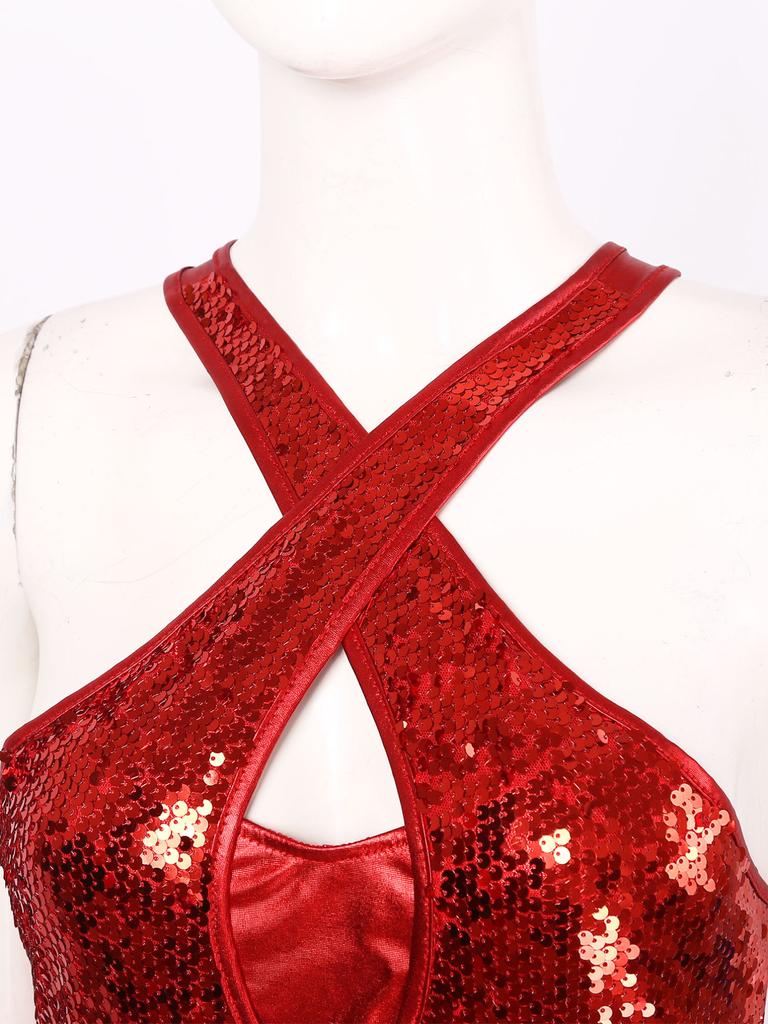 Ärmelloses, kreuz und quer verlaufendes, glänzendes Pailletten-Tanzkleid für Damen, lateinamerikanisches Tango-Salsa-Gymnastik-Trikot