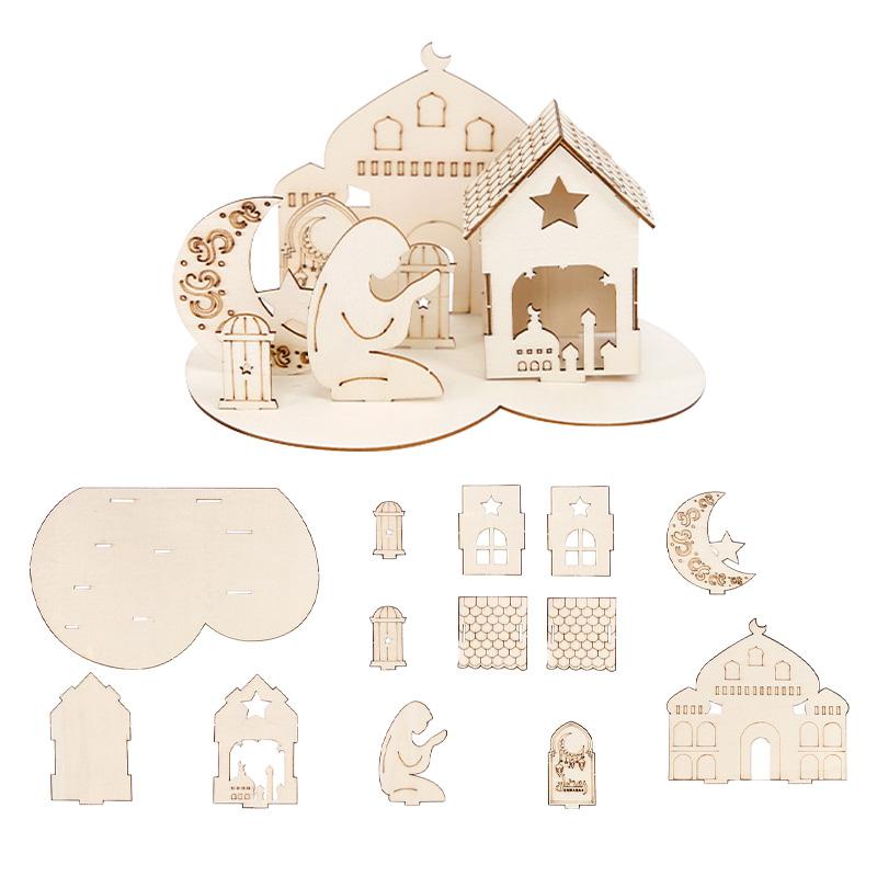 1set Islamic Castle Table Ornaments Eid Mubarak Wooden DIY Puzzle for Home Decoration 2026 Ramadan Muslim Party Supplies Gifts