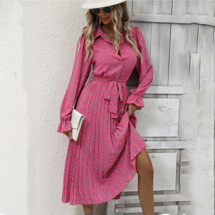 Women Autumn Winter Casual Long Sleeve V-neck Floral Print A-Line High Waist Ankle Length Dress