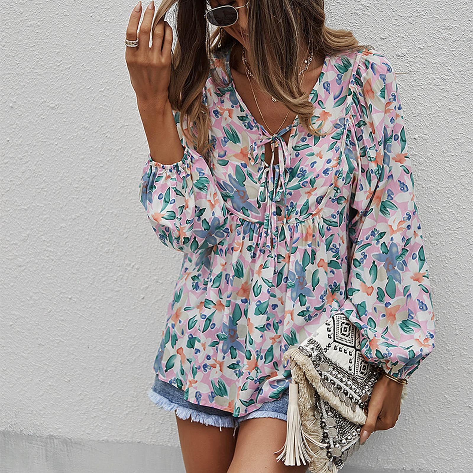 

Женские топы Boh с длинным рукавом, блузка с рукавом-трубой и V-образным вырезом, футболка XL розовый