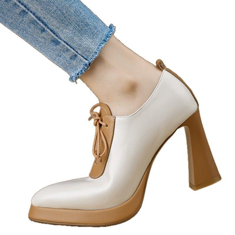 Single Shoes Fashion Deep Mouth Pu Leather Pointed High Heels Women's Color Matching 2025 Lace-up Waterproof Table Thick Heel Thick Sole New