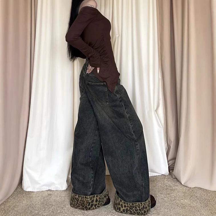 Y2K Leopard Print Patchwork Wide-Leg Jeans for Women - Trendy and Versatile
