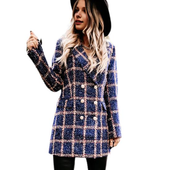 Winter Autumn Lady Coat Turn-down Collar Plaid Print Double-breasted Long Sleeves Thick Mid