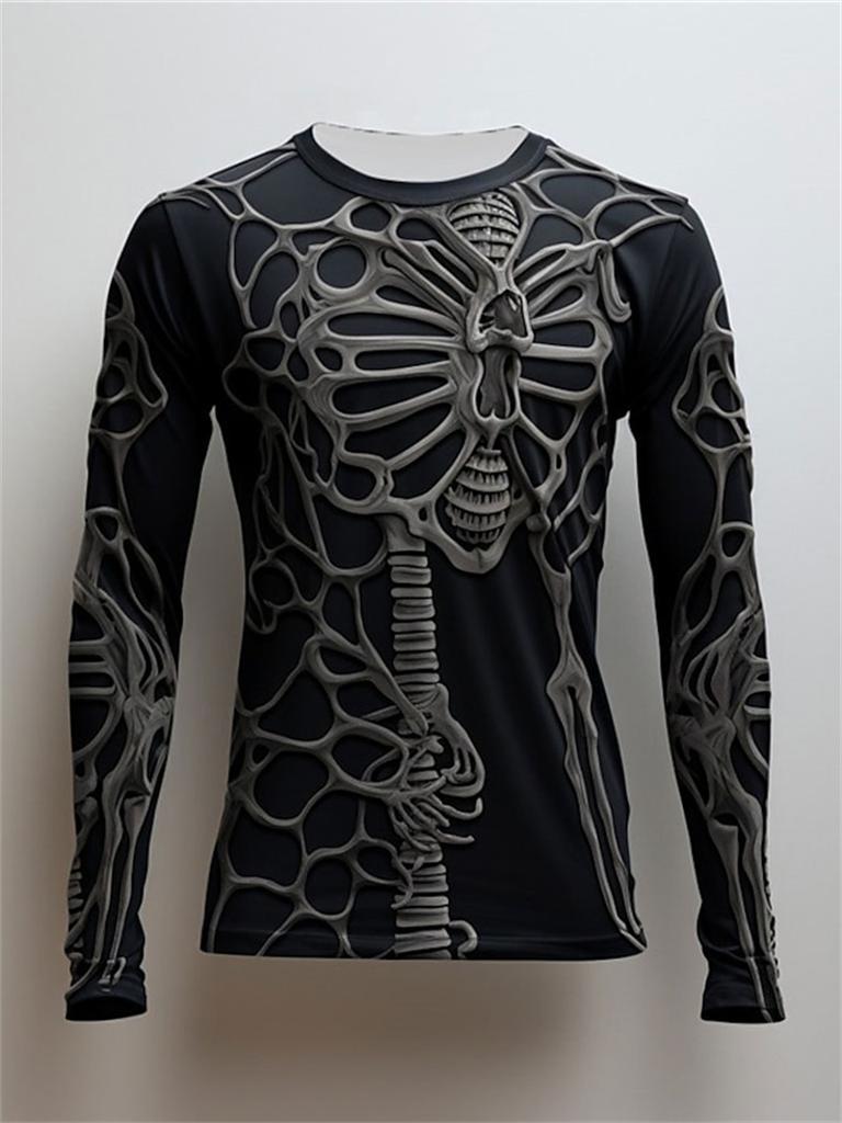 Lustiges Langarm-T-Shirt mit 3D-Totenkopf-Print für Herren, lässig, O-Ausschnitt, Baumwolle, lockere Oberteile, modische Kleidung mit menschlichem Knochenmuster, Herbst-T-Shirts