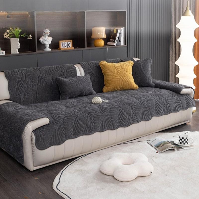 Nordic Style Thick Sofa Cushion Quilted Sofa Towel Anti Slip Dirt Resistant Cat Scratch Resistant Couch Mat Banana Leaf Pattern Slipcover 1PCS