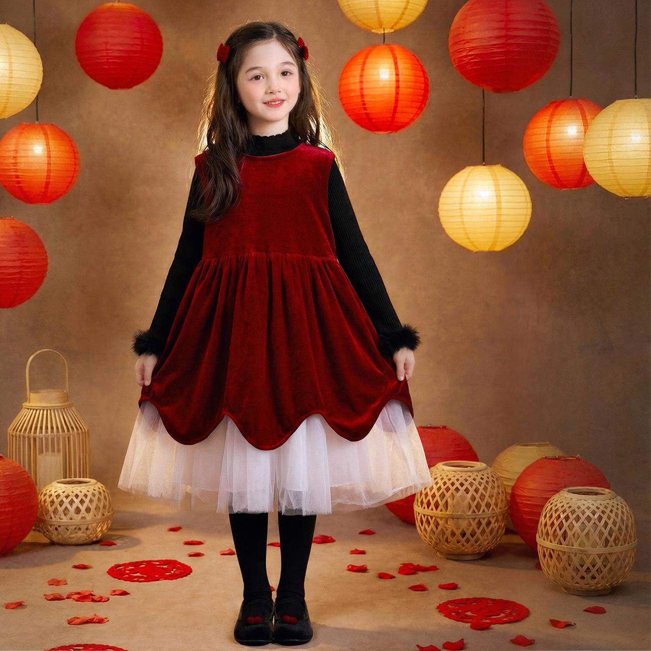 

Yuchen 2025 Winter Girls Princess Dress: Warm Mesh Splice Design Size 140 червоний