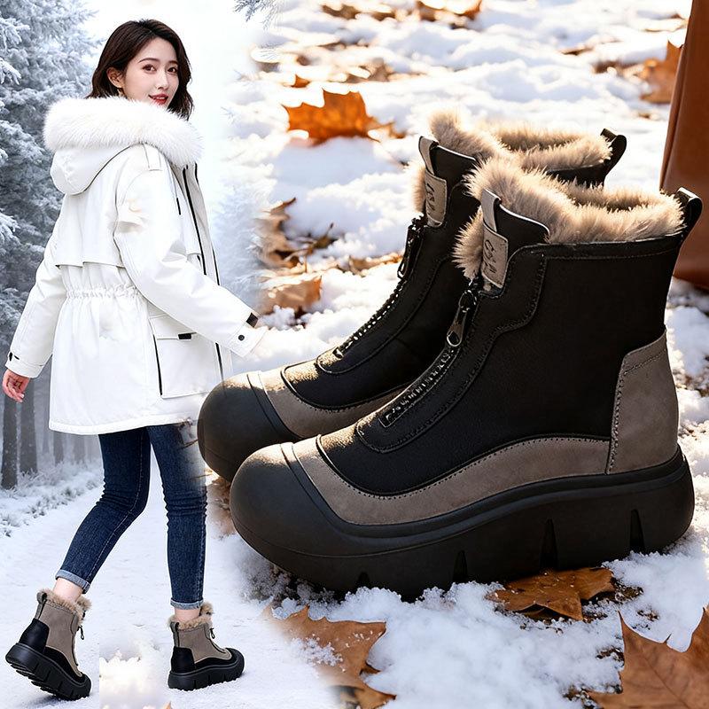 Women's Retro Zipper Fashion Lightweight Soft Sole Winter Warm Plush Snow Boots Lined with Fleece Non-slip Casual Sports Cotton Boots