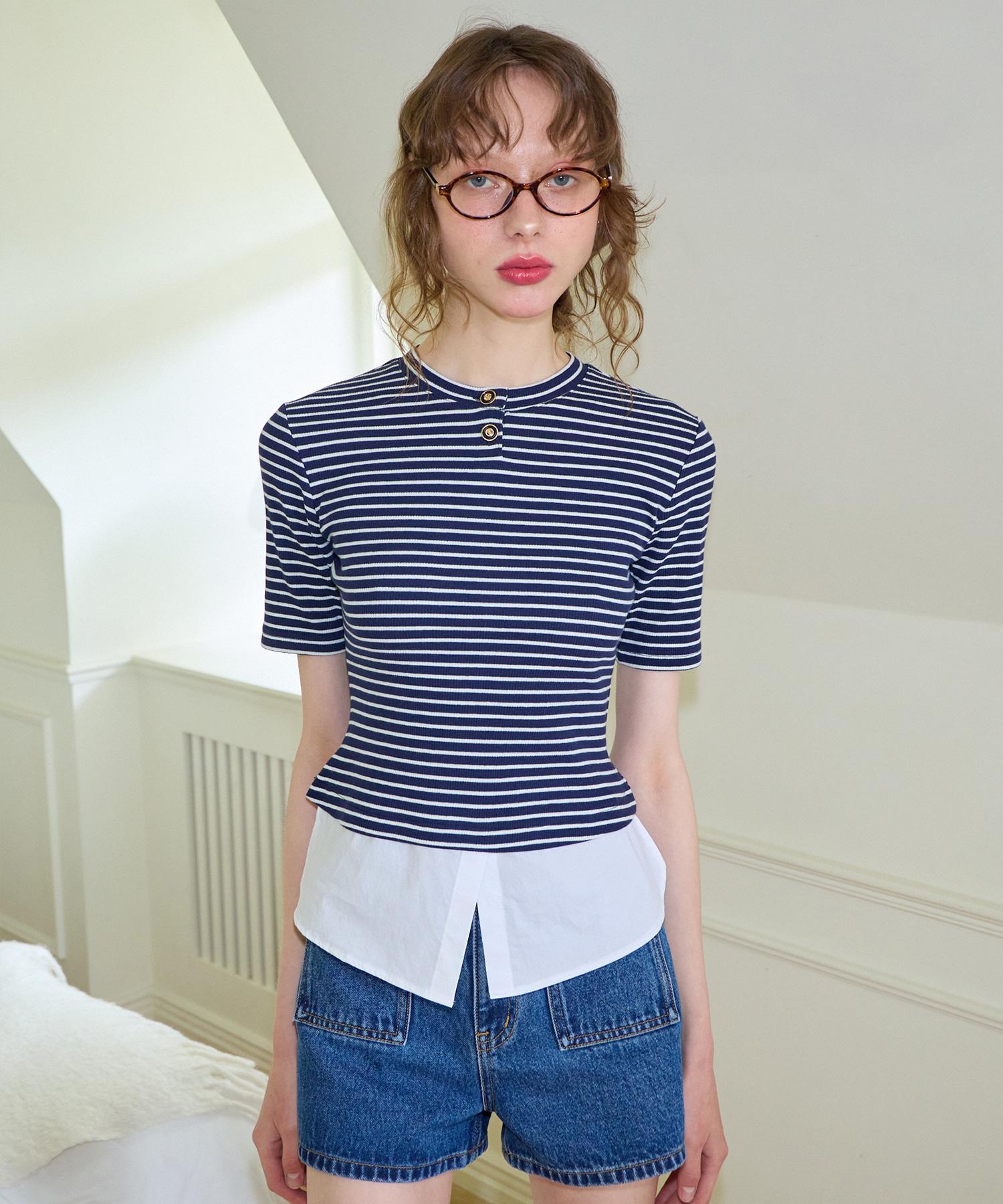 Salon De Yon Shirt Detail Round-Neck Stripe T_ Navy M