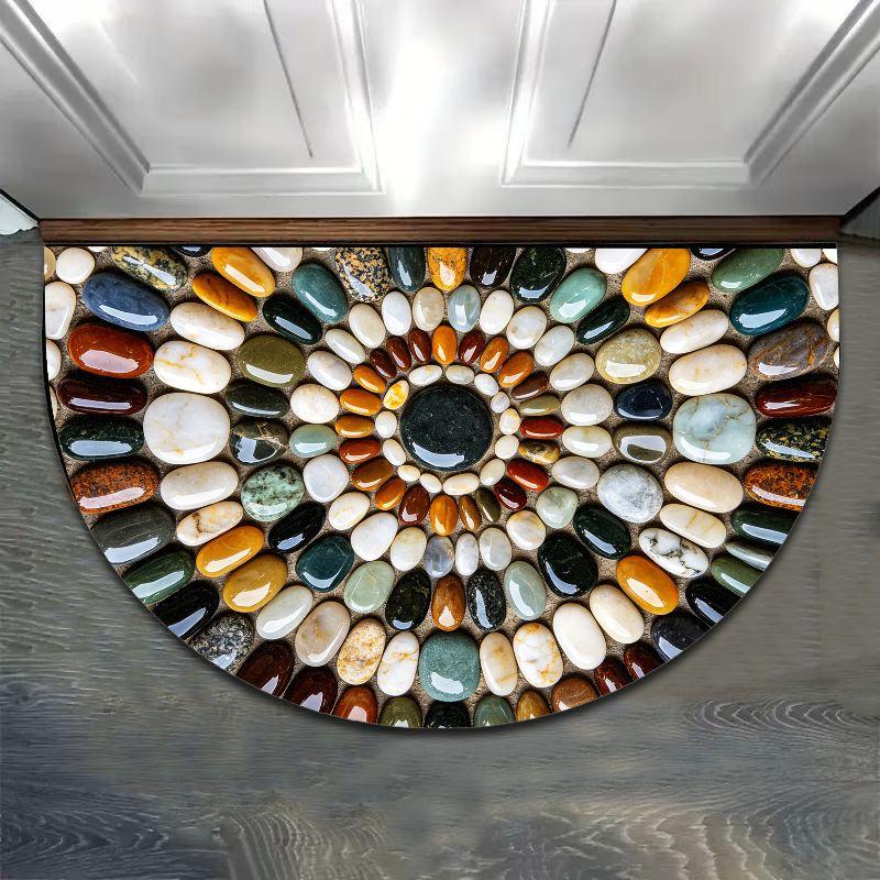 Rainbow Pebble Half Round Bath Mat, Non-slip Water Absorbent Natural Stone Bathroom Rug