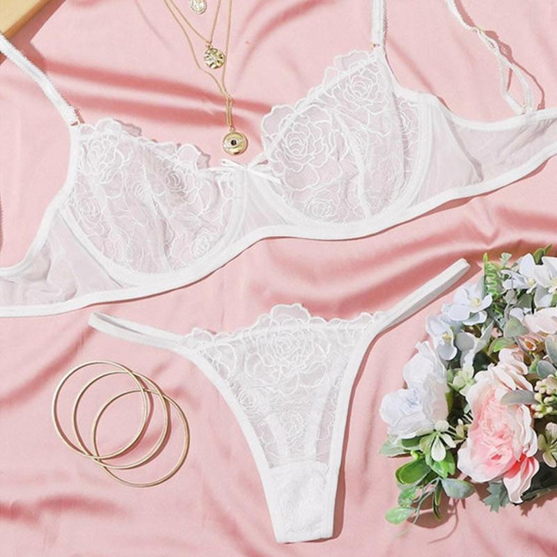 

Ультратонкий дышащий комплект нижнего белья с цветочной вышивкой, комплект женского прозрачного нижнего белья из 2 предметов: бюстгальтер + трусики, комплект нижнего белья 2024 XL белый