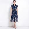 Summer Turn Down Collared Short-Sleeve Midi Dress Women's Elegant Butterfly Print Rangle Sleeve Slim Shirt Dress