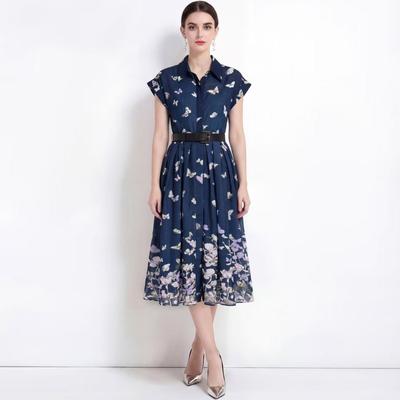 Sommer Umlegekragen Kurzarm Midi-Kleid Damen Elegantes Schmetterlingsmuster Rangle-Ärmel Schlankes Hemdkleid