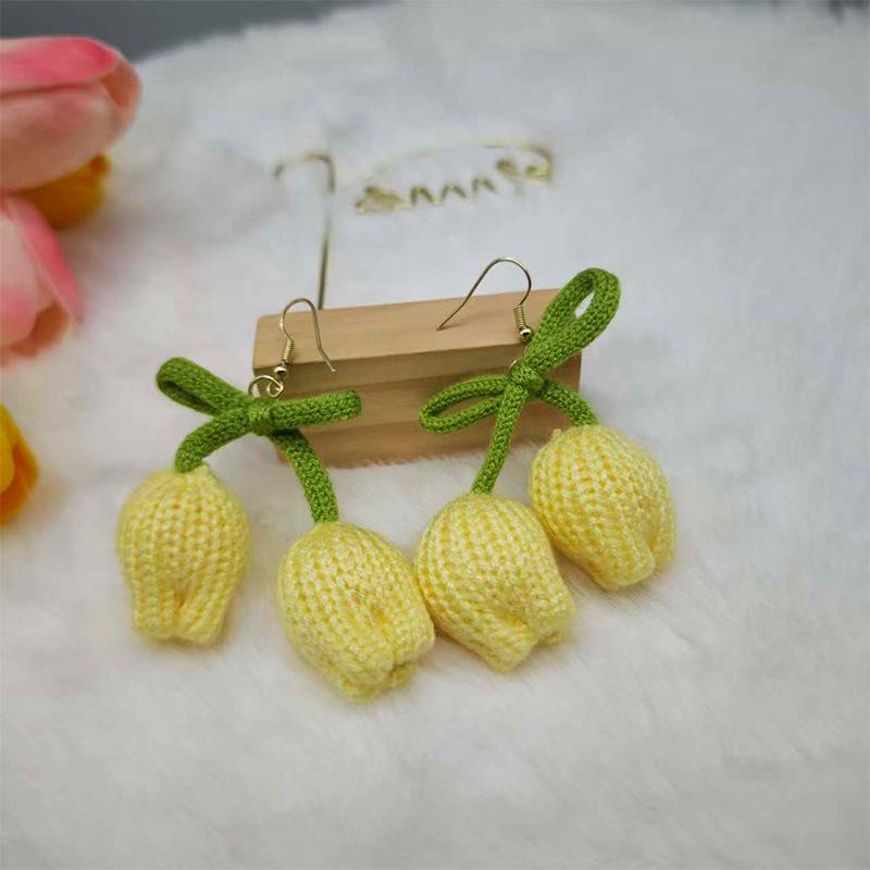 Charming Tulip Flower Knitted Wool Earrings for Women