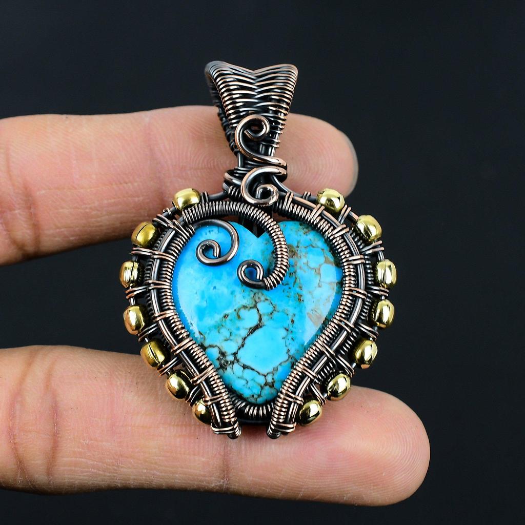 Handmade Wire Wrapped Turquoise Heart Pendant Oxidized Copper Jewelry Heart-Shaped Gemstone Pendant for Women