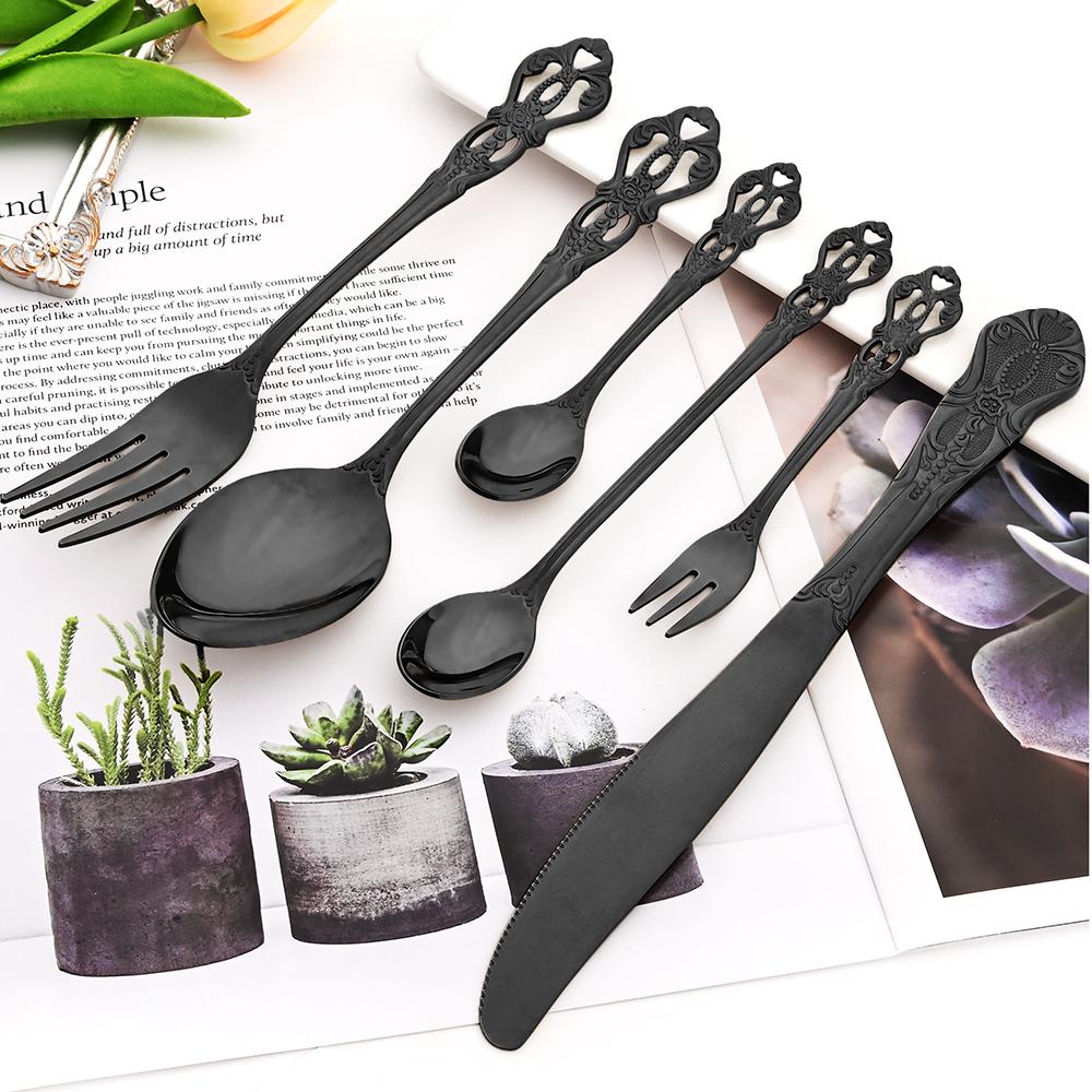 Black Kitchen Cutlery Set 1Pcs Knife Dessert Fork Tea Spoon Dinnerware Set Stainless Steel Flatware Vintage Tableware Set