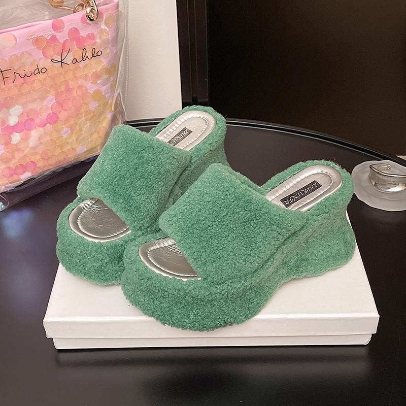 Women Wedges Platform Slippers Fur Shoes Sandals 2025 Designer New Summer High Heels Flip Flops Open Toe Slides Zapatos