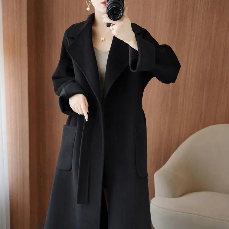 Wool Coat Women's Wear Autumn/Winter Temperament Double Sided Cashmere Coats with Belt Elegant Long Overcoat