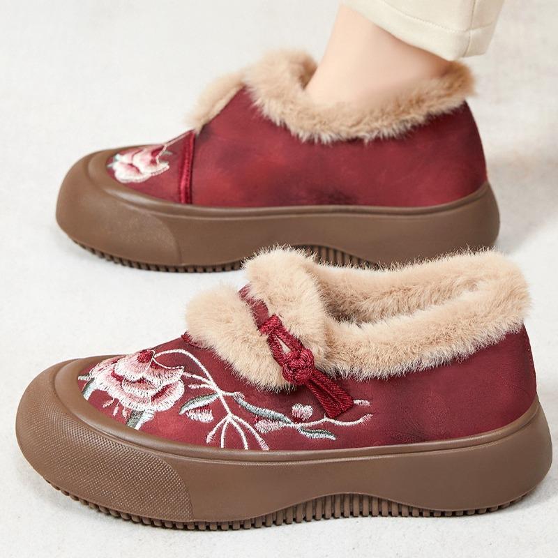 Women Winter Ethnic Style Furry Slip On Cotton Shoes, Thick Fleece Lined Outdoor Snow Boots