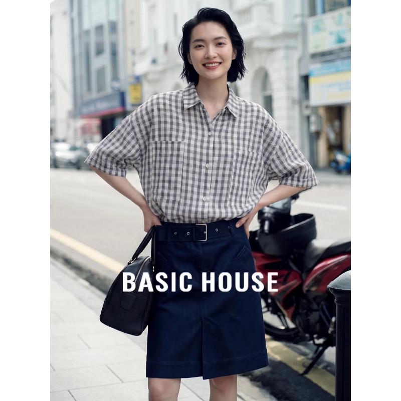 Basic House Women s Black Plaid Cotton Half Sleeve Polo Shirt One Size