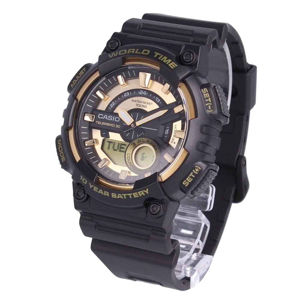 

CASIO Casio Стандартные часы Водонепроницаемые резиновые черные золотые мужские Ana-Digi AEQ-110BW-9A [Товар]