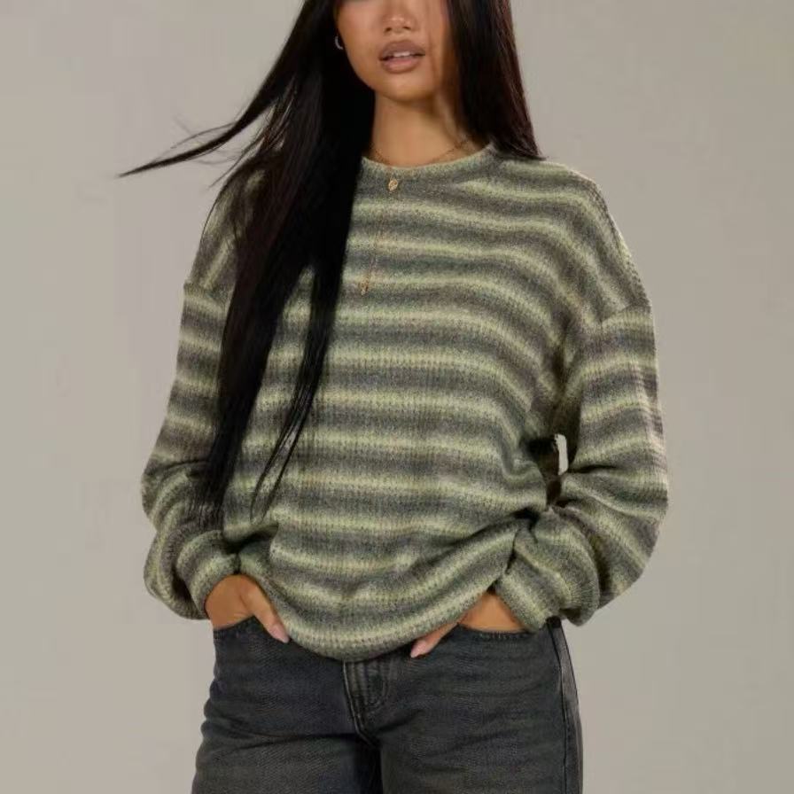 Fall New Style Striped Loose Long-sleeved T-shirt Casual Fashionable Top for Women S зелёный